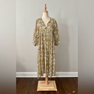 Daughters of India, Kyra Olive Floral Midi Ruffled Wrap Dress